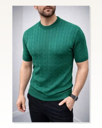 Erkek Yazlık Triko Dokuma Tişört Kısa Kol Bisiklet Yaka Örgü Desenli T-shirt Haki