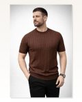 Erkek Yazlık Triko Dokuma Tişört Kısa Kol Bisiklet Yaka Örgü Desenli T-shirt Kahverengi