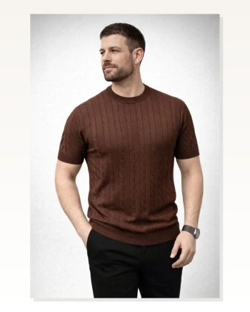 Erkek Yazlık Triko Dokuma Tişört Kısa Kol Bisiklet Yaka Örgü Desenli T-shirt Kahverengi