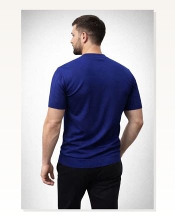 Erkek Yazlık Triko Dokuma Tişört Kısa Kol Bisiklet Yaka Örgü Desenli T-shirt Lacivert
