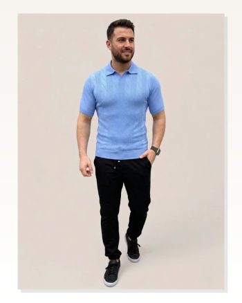 Erkek Yazlık Triko Dokuma Tişört Kısa Kol Polo Yaka T-shirt Bebek Mavisi