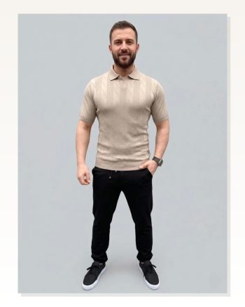 Erkek Yazlık Triko Dokuma Tişört Kısa Kol Polo Yaka T-shirt Bej