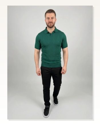 Erkek Günlük Stil Koyu Yeşil Yazlık Triko Dokuma Kısa Kol Polo Yaka Tişört