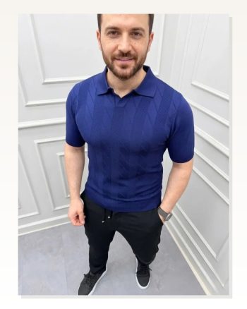 Erkek Yazlık Triko Dokuma Tişört Kısa Kol Polo Yaka T-shirt Lacivert
