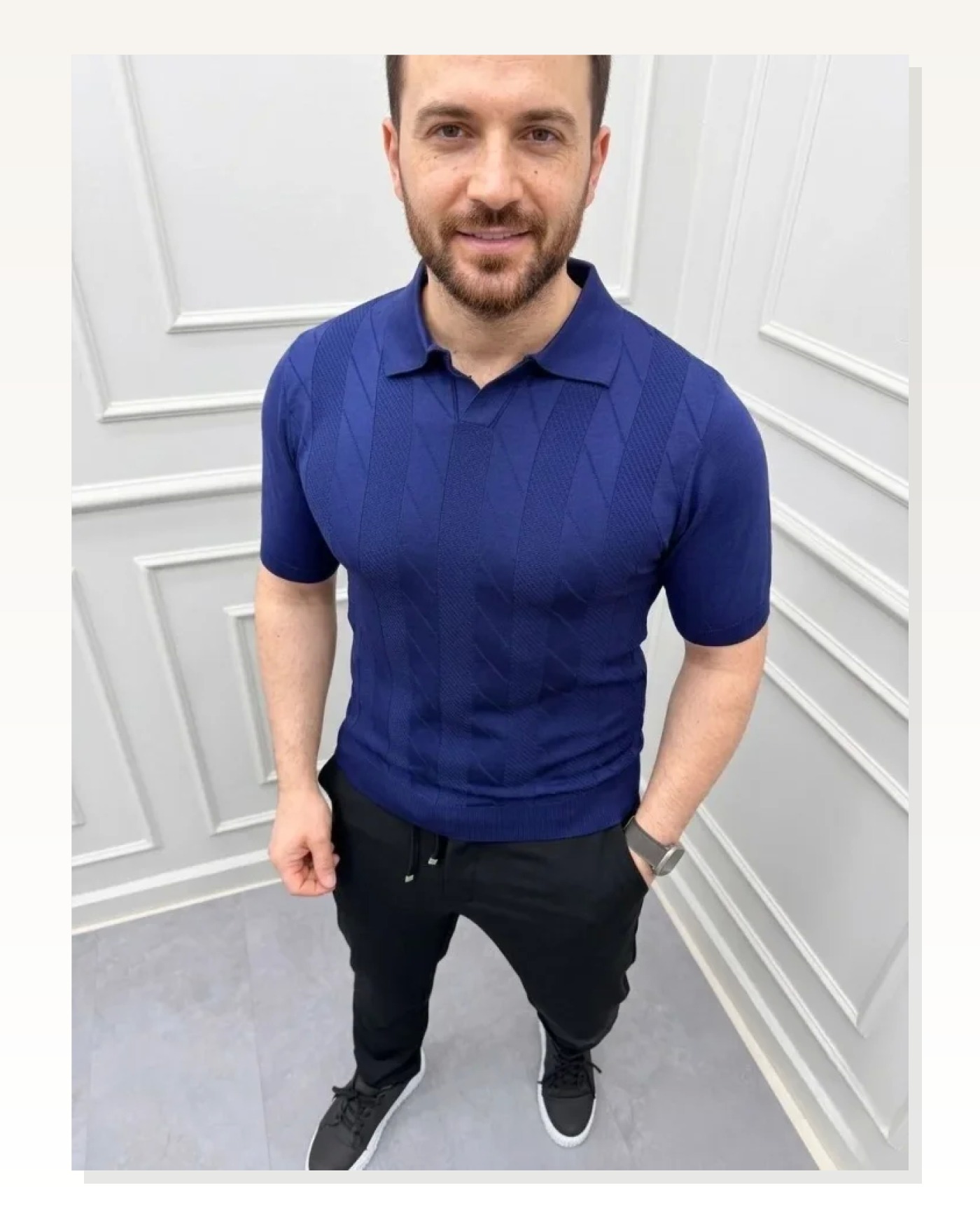 Erkek Yazlık Triko Dokuma Tişört Kısa Kol Polo Yaka T-Shirt - Lacivert Marketplace blank