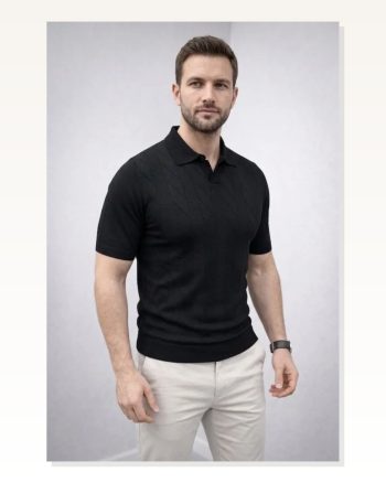 Erkek Günlük Stil Siyah Yazlık Triko Dokuma Kısa Kol Polo Yaka Tişört