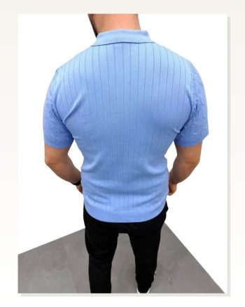 Erkek Günlük Stil Bebe Mavisi Yazlık Triko Saç Örgü Kısa Kol Polo Yaka Fermuarlı Tişört