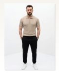 Erkek Günlük Stil Bej Yazlık Triko Saç Örgü Kısa Kol Polo Yaka Fermuarlı Tişört