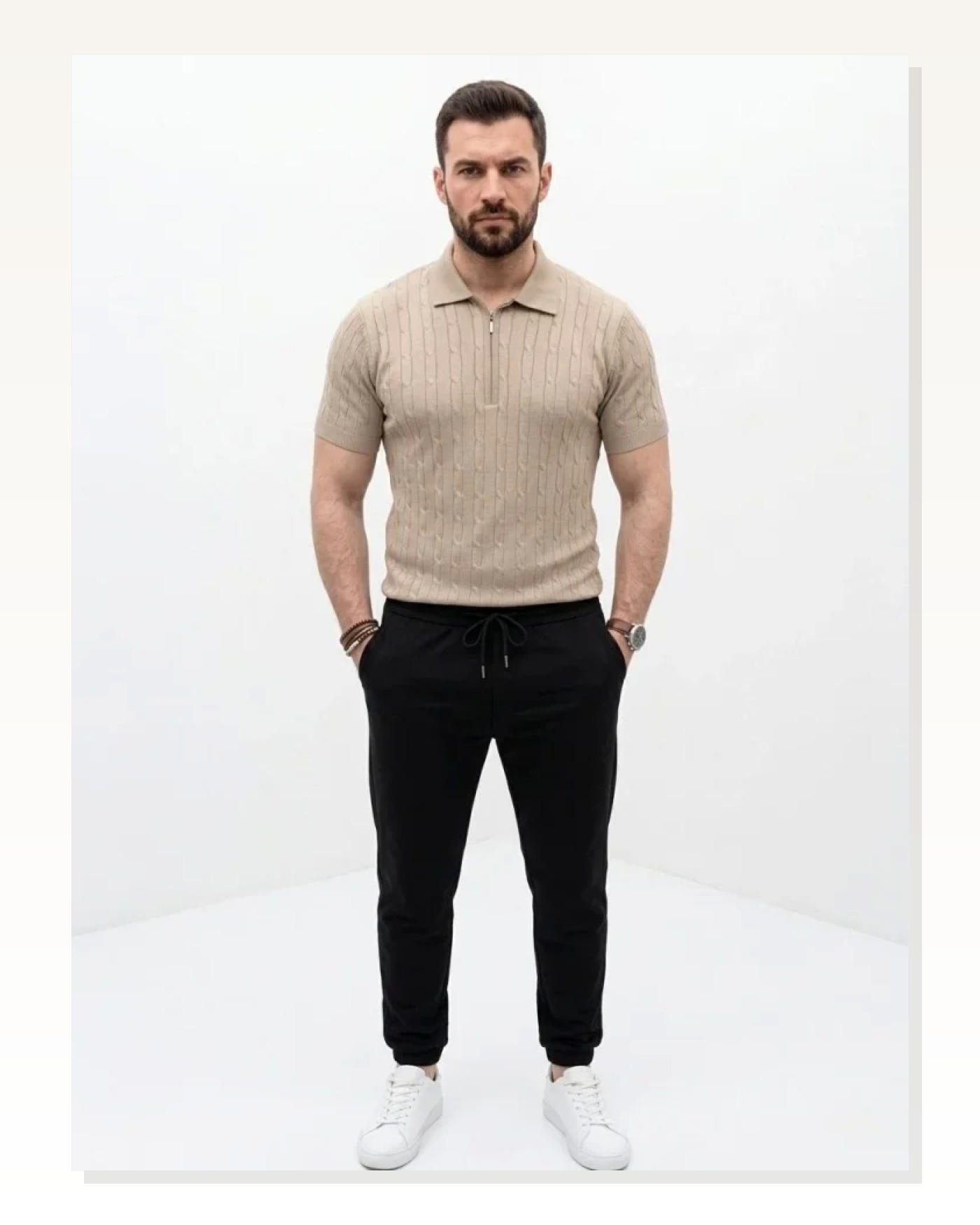 Erkek Günlük Stil Bej Yazlık Triko Saç Örgü Kısa Kol Polo Yaka Fermuarlı Tişört Marketplace blank