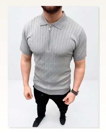 Erkek Yazlık Triko Saç Örgü Tişört Kısa Kol Polo Yaka Fermuarlı T-shirt Gri