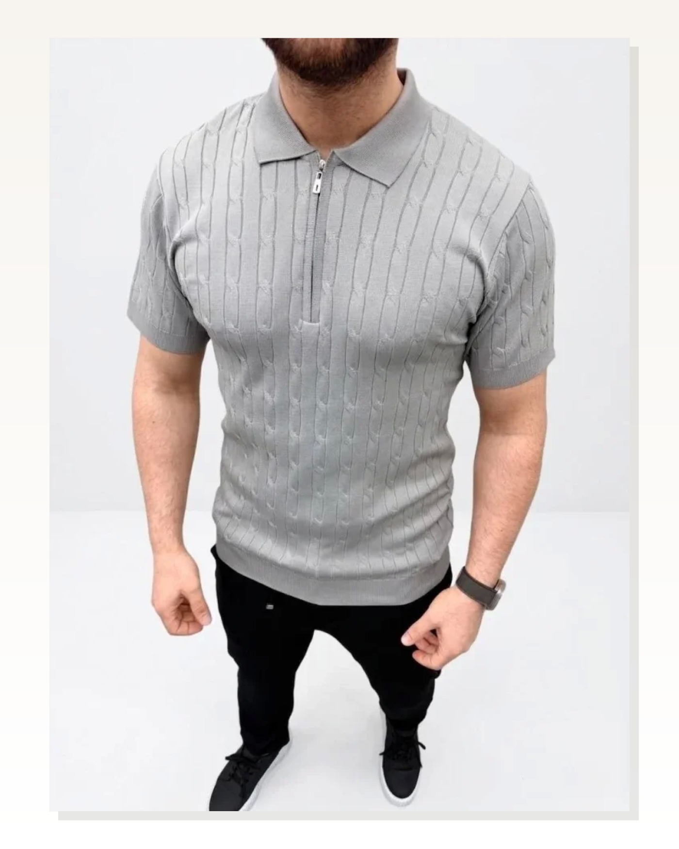 Erkek Yazlık Triko Saç Örgü Tişört Kısa Kol Polo Yaka Fermuarlı T-Shirt - Gri Marketplace blank
