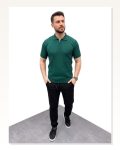 Erkek Yazlık Triko Saç Örgü Tişört Kısa Kol Polo Yaka Fermuarlı T-shirt Haki