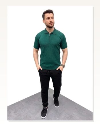 Erkek Yazlık Triko Saç Örgü Tişört Kısa Kol Polo Yaka Fermuarlı T-shirt Haki
