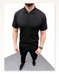 Erkek Yazlık Triko Saç Örgü Tişört Kısa Kol Polo Yaka Fermuarlı T-shirt Siyah