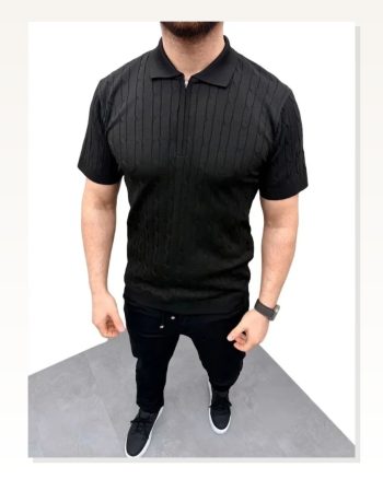 Erkek Yazlık Triko Saç Örgü Tişört Kısa Kol Polo Yaka Fermuarlı T-shirt Siyah