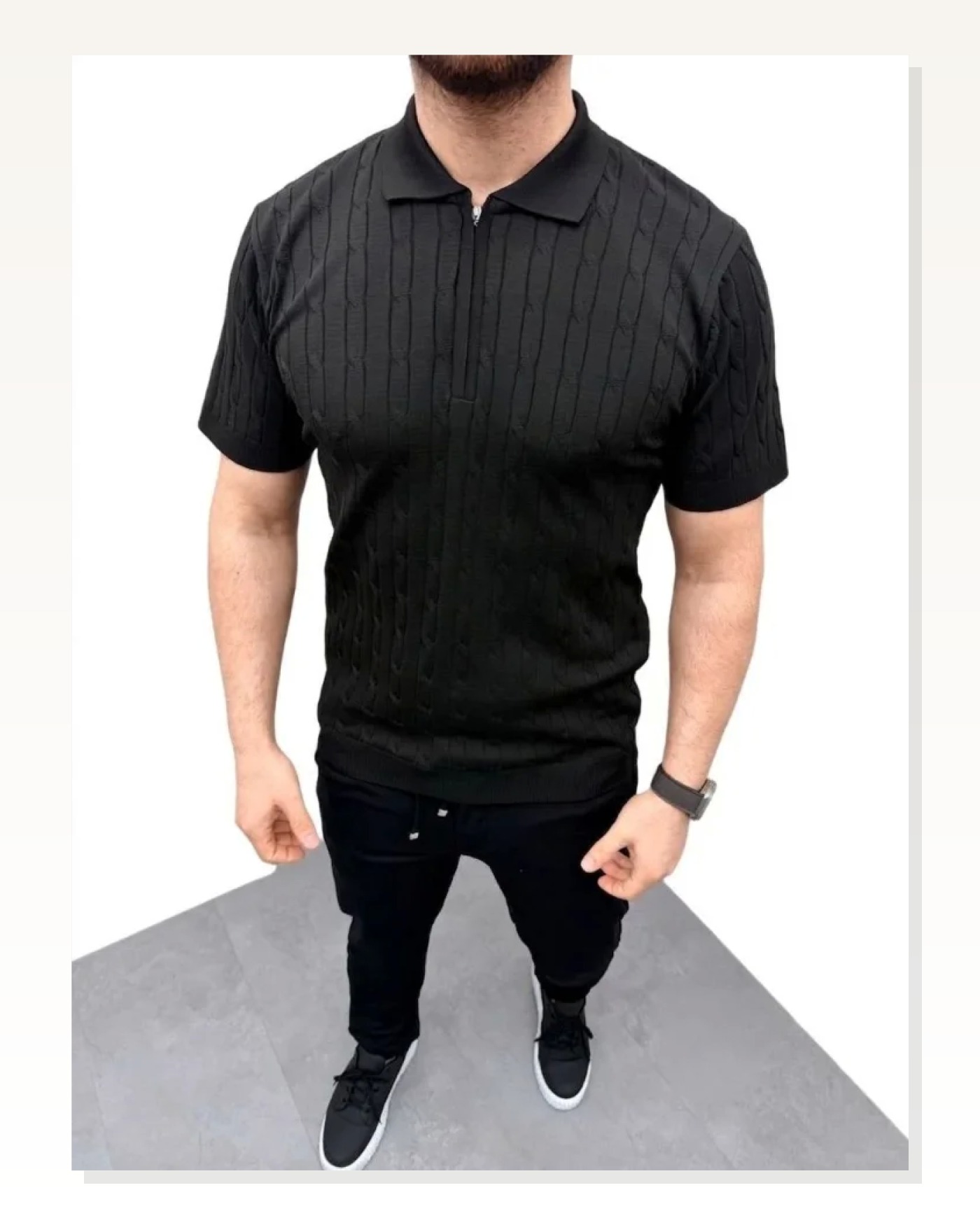 Erkek Yazlık Triko Saç Örgü Tişört Kısa Kol Polo Yaka Fermuarlı T-Shirt - Siyah Marketplace blank