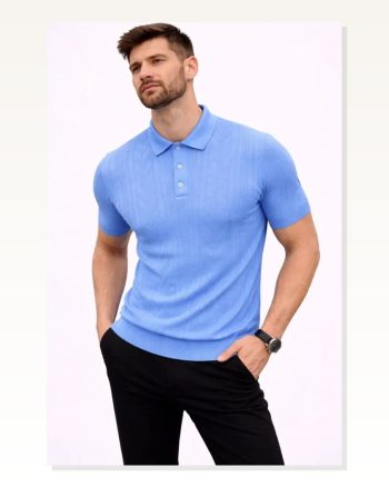Erkek Yazlık Triko Tişört Kısa Kol Polo Yaka Düğmeli T-shirt Bebek Mavisi