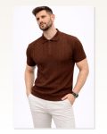 Erkek Yazlık Triko Tişört Kısa Kol Polo Yaka Düğmeli T-shirt Kahverengi
