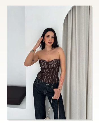 Fermuarlı Dantel Korse Straplez Bustiyer Transparan Şık Top Kahverengi