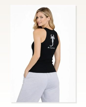 Kadın Arka Baskılı Fit Duruş Siyah Fitilli Atlet Sıfır Yaka Slim Spor