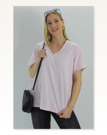 Kadın Günlük Stil Geniş V Yaka Açıkpembe Tişört