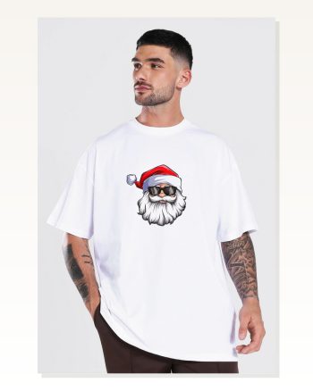 Kadın Günlük Stil Beyaz Gözlüklü Noel Baba Tişört