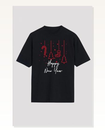 Kadın Baskılı Günlük Stil Siyah Happy New Year Tişört