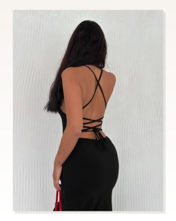 İp Askılı Sırt Dekolteli Bağlama Detaylı Yırtmaçlı Midi Elbise Siyah