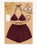 Kadın 3’Lü Set Bordo Şortlu ve Yandan Bağlamalı Bikini Mayo Takımı