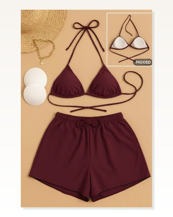 Kadın 3’Lü Set Bordo Şortlu ve Yandan Bağlamalı Bikini Mayo Takımı