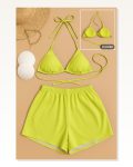 Kadın 3’lü Set Fosforlu Şortlu ve Yandan Bağlamalı Bikini Mayo Takımı Marketplace