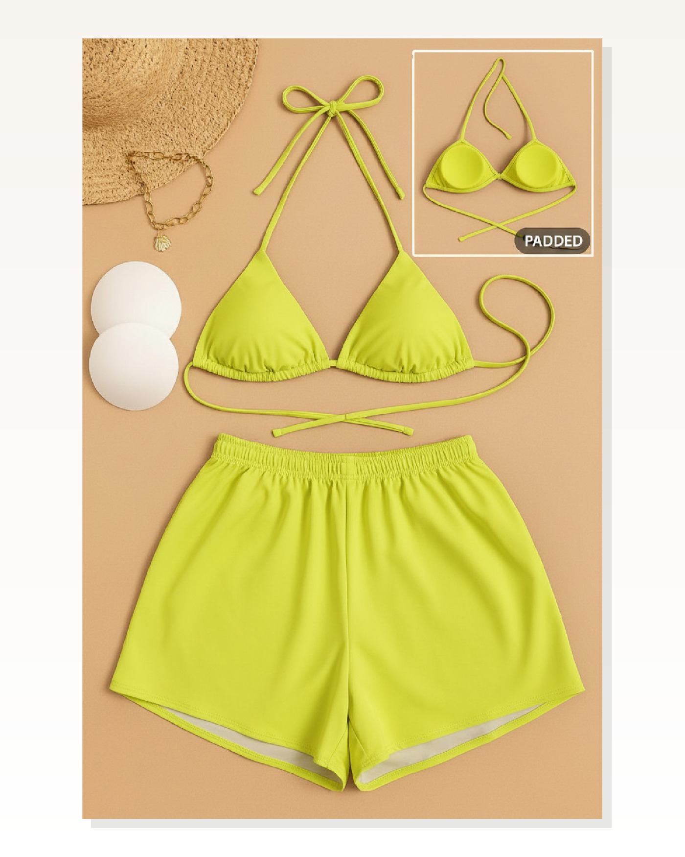 Kadın 3'lü Set Fosforlu Şortlu ve Yandan Bağlamalı Bikini Mayo Takımı Marketplace blank