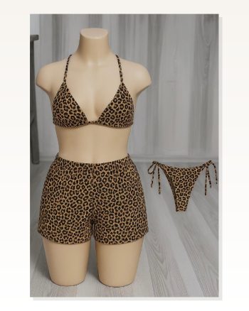 Kadın Desenli Kombin Şıklığı Leopar Şortlu ve Yandan Bağlamalı Bikini Mayo Takımı 3’Lü Set