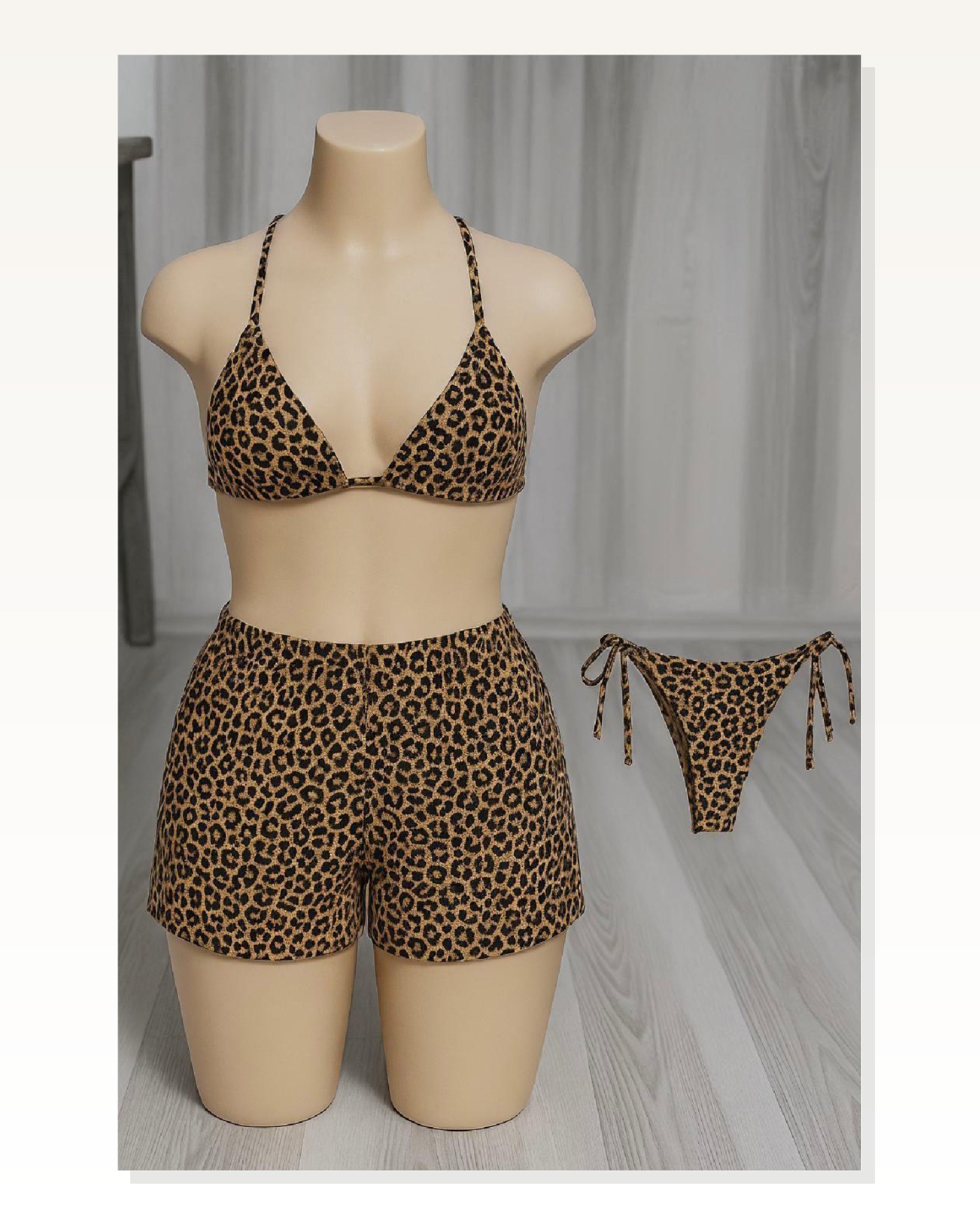 Desenli Kadın Kombin Şıklığı Leopar Şortlu ve Yandan Bağlamalı Bikini Mayo Takımı 3'lü Set Marketplace blank