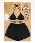 Kadın 3’Lü Set Siyah Şortlu ve Yandan Bağlamalı Bikini Mayo Takımı