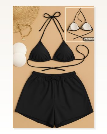 Kadın 3’Lü Set Siyah Şortlu ve Yandan Bağlamalı Bikini Mayo Takımı