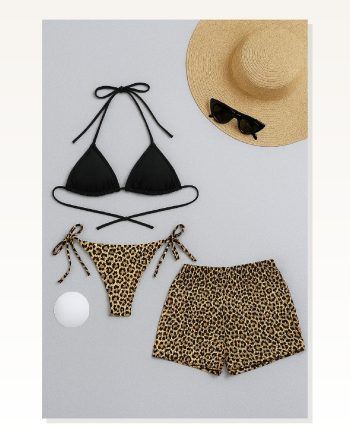 Kadın 3’Lü Set Siyah ve Leopar Desenli Şortlu Yandan Bağlamalı Bikini Mayo Takımı
