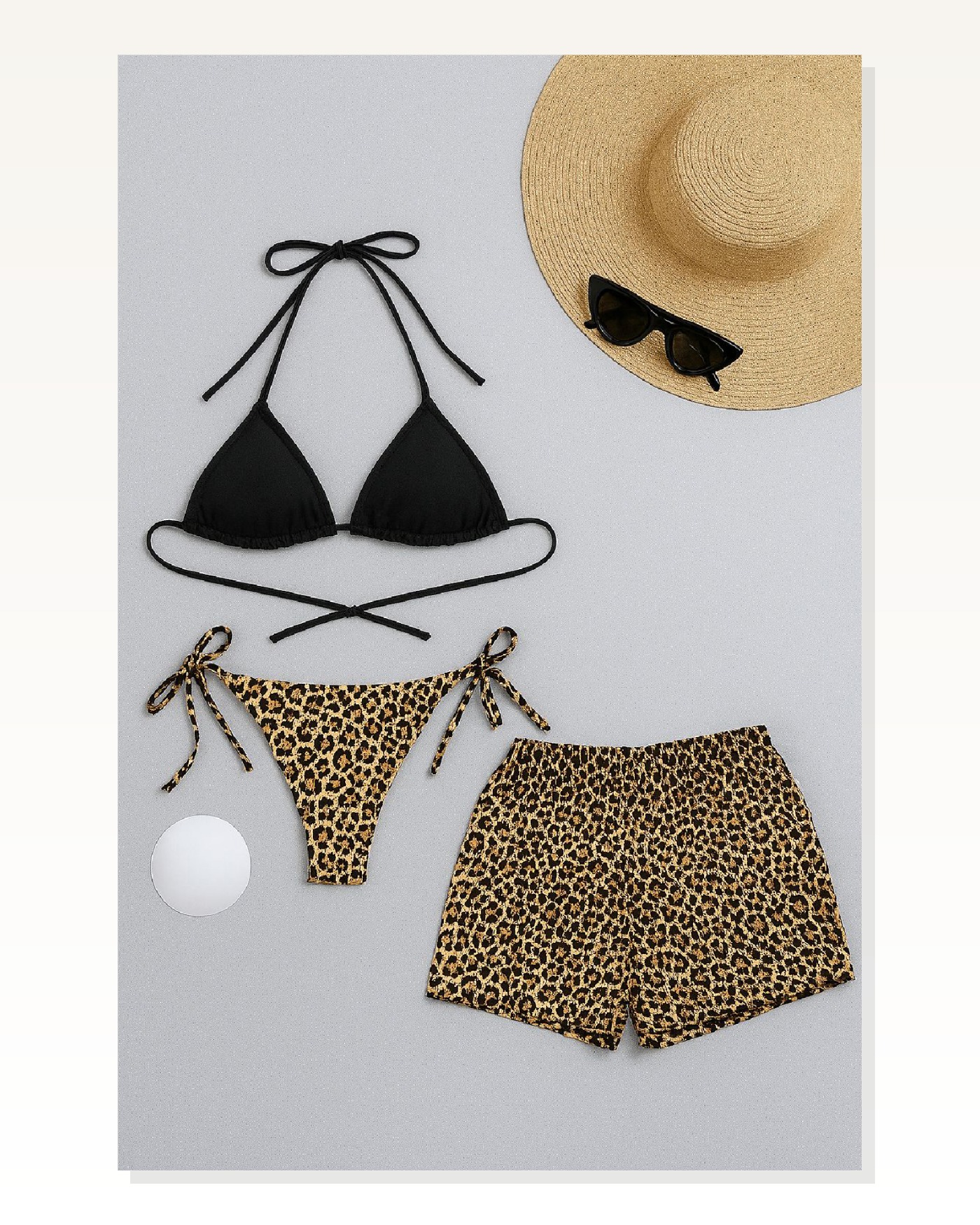 Kadın 3'lü Set Siyah ve Leopar Desenli Şortlu Yandan Bağlamalı Bikini Mayo Takımı Marketplace blank