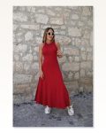 Kadın Arkadan Çapraz Detay Yuvarlak Yaka Maksi Viskon Elbise