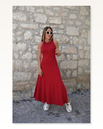 Kadın Arkadan Çapraz Detay Yuvarlak Yaka Maksi Viskon Elbise