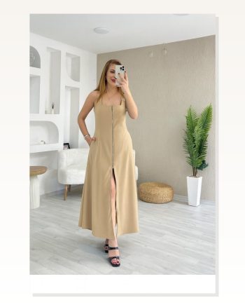Kadın Askılı Kare Yaka Önden Fermuarlı Geniş Kesim Janjan Krep Elbise