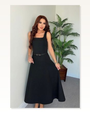 Kadın Askılı Kare Yakalı Kemersiz A Şeklinde Gelen Uzun Ithal Krep Elbise