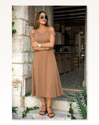 Kadın Askılı Omuzlardan Açık Midi Viskon Elbise