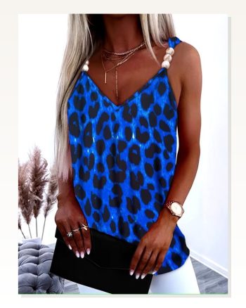 Kadın Askılı V Yakalı Boncuk Detaylı Leopar Desenli Süprem Bluz