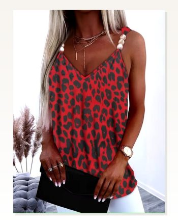Kadın Askılı V Yakalı Boncuk Detaylı Leopar Desenli Süprem Bluz