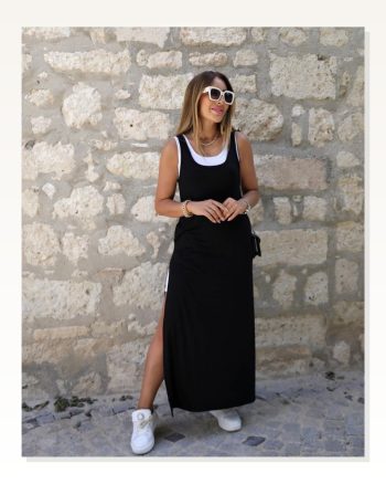 Kadın Askılı Yuvarlak Yakalı Cepli Yırtmaç Detaylı Viskon Elbise ve Atlet Ikili Takım