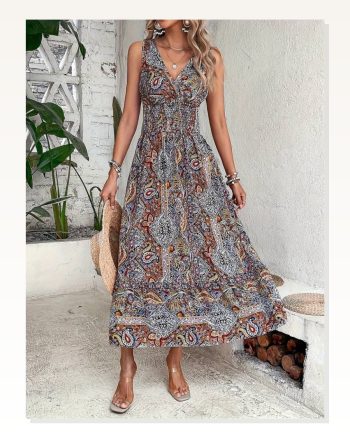 Kadın Beli Gipeli Etnik Desen Sıfır Kol Süprem Elbise