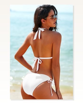 Kadın Beyaz Belden, Boyundan Bağlamalı ve Ayarlanabilir Külotlu Üçgen Bikini Mayo Takımı