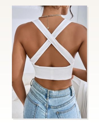 Kadın Modern Stil Beyaz Çapraz Sırt Detaylı Şık Crop Top Büstiyer