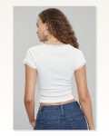Kadın Zarif Dokunuş Beyaz Göğsü ve Kolları Dantelli Fiyonklu Kısa Kol Crop Top Bluz Marketplace